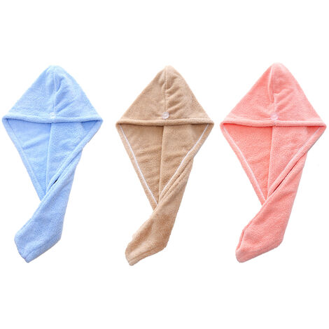 Paquet de 3 foulards en microfibre pour cheveux Wrap Absorbant Twist Bandana Casquettes de cheveux à séchage rapide pour femmes Pour le séchage des cheveux rose + marron + bleu