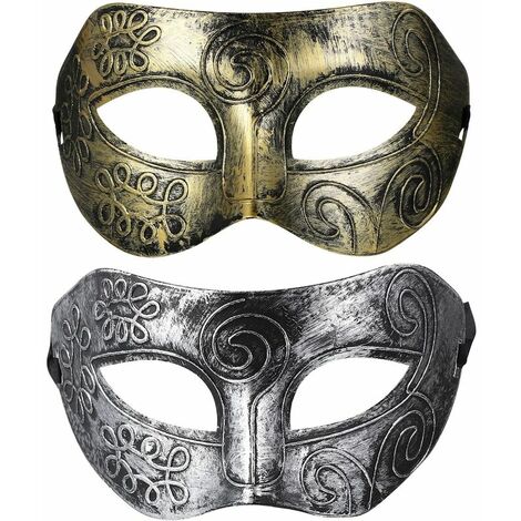Paquet de 4 masques vénitiens pour hommes Masque en dentelle pour hommes Halloween Party Costume de fête de carnaval Accessoires photo Or antique 2pcs + Argent antique 2pcs
