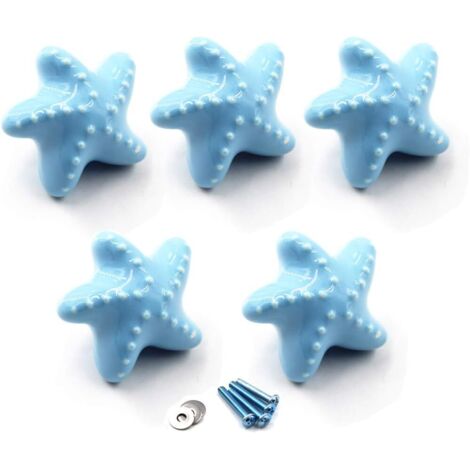 (Paquet de 5 vis incluses) bouton de tiroir bleu boutons d'armoire en céramique poignée de chambre d'enfants en forme d'étoile de mer pour tiroirs de commode