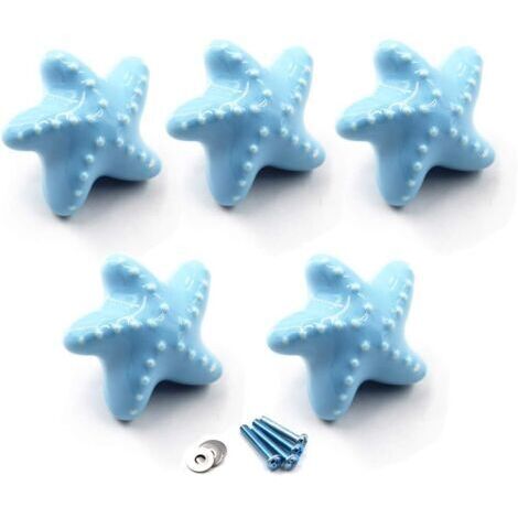 (Paquet de 5 vis incluses) bouton de tiroir bleu boutons d'armoire en céramique poignée de chambre d'enfants en forme d'étoile de mer pour tiroirs de commode