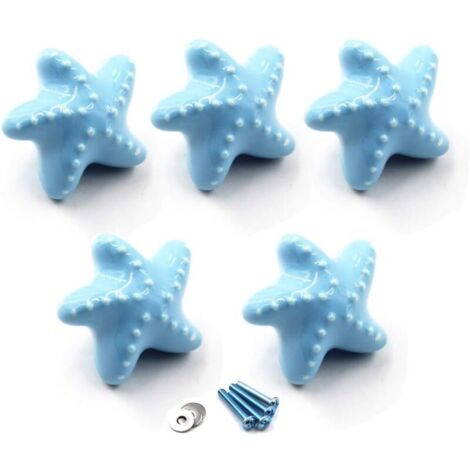 (Paquet de 5 vis incluses) bouton de tiroir bleu boutons d'armoire en céramique poignée de chambre d'enfants en forme d'étoile de mer pour tiroirs de commode