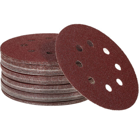 Paquet de 50 feuilles abrasives de 125 mm (5 pouces), conception à 8 trous, grains 220/180/120/80/60, adaptées aux ponceuses orbitales aléatoires.