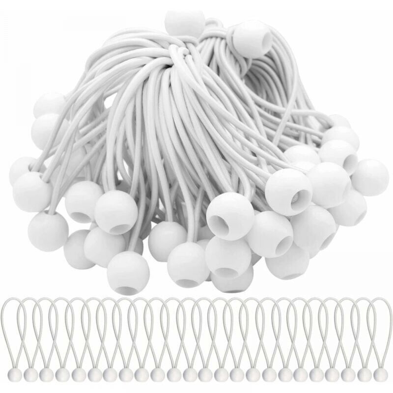 Paquet de 50 tendeurs élastiques blancs de 200mm, cordon élastique avec boule, boules élastiques extensibles pour chapiteaux, tentes, bannières et