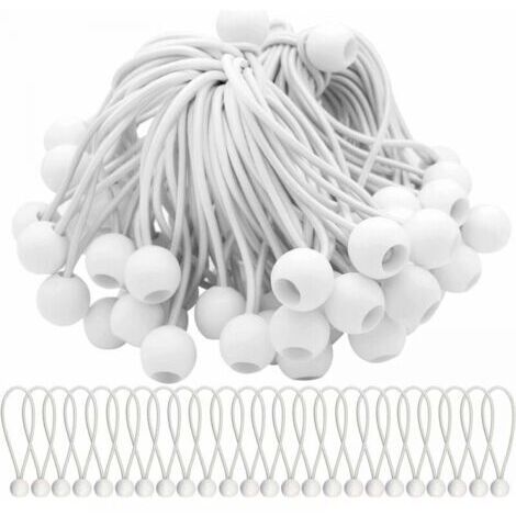 Paquet de 50 tendeurs élastiques blancs de 150mm, cordon élastique avec boule, boules élastiques extensibles pour chapiteaux, tentes, bannières et bâches