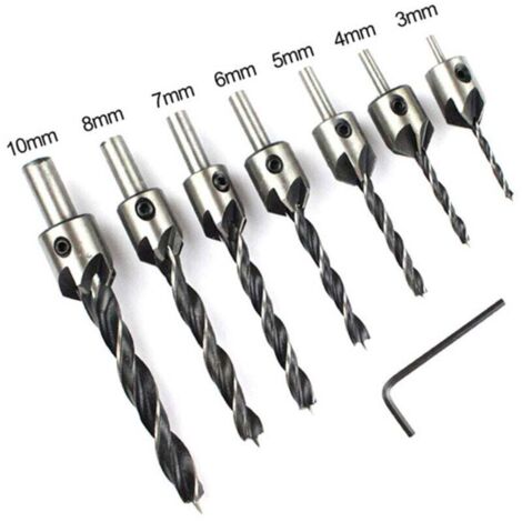 Paquet de 7 forets fraisés HSS 5 pour le perçage de chanfrein du bois clé de 3 à 10mm, foret d'ouverture de chanfrein à positionnement réglable