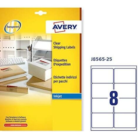 PAQUETE 25 HOJAS ETIQUETAS TRANSPARENTES QUICKPEEL-IMPRESORAS DE INYECCIÓN DE TINTA-99,1X67,7 MM AVERY J8565-25