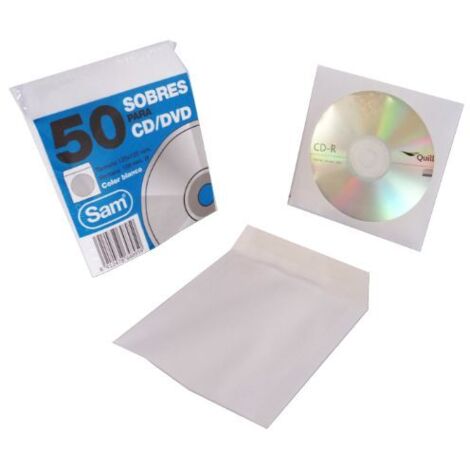 PAQUETE 50 SOBRES PARA CD / DVDS. BLANCO 90 GRS. VENTANA PLASTIC0 108 DIAMETRO 125X125 ENGOMADO AUTOADHESIVO SAM 664897