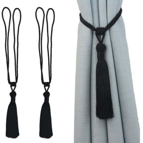 Paquete de 10 alzapaños de cortina hechos a mano con borlas para decoración del hogar y la oficina (negro, 2 unidades)