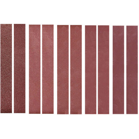 Paquete de 10 bandas abrasivas de 30 x 300 mm (2 de cada grano: 120, 240, 400, 800 y 1000) fabricadas en óxido de aluminio. Papel de lija para lijadoras de banda.