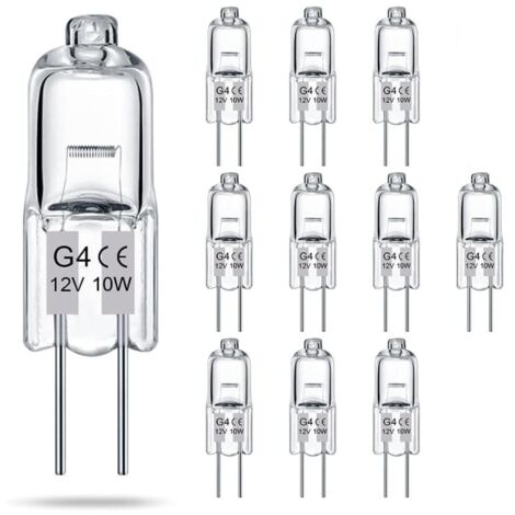 Paquete de 10 bombillas halógenas de baja tensión G4 transparentes, 12V 10W, regulables, de larga duración, con dos pines, para lámparas de cristal y difusores de aromaterapia