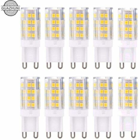 Paquete de 10 bombillas LED RTGPT G9 de 5 W, luz blanca cálida (3000 K), con 420 lúmenes. Equivalente a una bombilla halógena G9 de 40 W. No regulable.