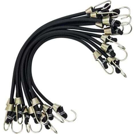 Paquete de 10 cuerdas elásticas con miniganchos, resistentes y universales, para tiendas de campaña, camping, motocicletas, remolques, carritos de equipaje y bicicletas, color negro.