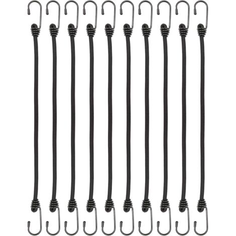 Paquete de 10 cuerdas elásticas de 30 cm con ganchos – Resistentes para lonas, tiendas de campaña, toldos y accesorios de camping (negras)