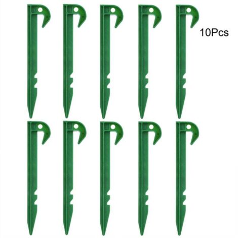 Paquete de 10 estacas de jardín extragrandes de 14,5 cm de largo, de plástico verde, para asegurar el jardín, para el suelo, para acampar, para estacas de suelo, con bordes de tela.