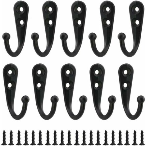 Paquete de 10 ganchos retro para abrigos, ganchos de pared de metal negro, ganchos de un solo tornillo, ganchos vintage de pared para albornoces, hogar, estantes, cajones, taquillas y baño con 20 torn