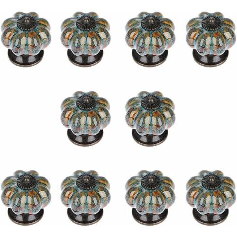 Paquete de 10 pomos de cerámica con pomos y tiradores de calabaza de colores para gabinetes, muebles de cocina y baño (azul)
