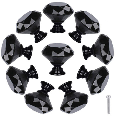Paquete de 10 pomos de cristal con forma de diamante para cajones (30 mm, totalmente negros) y tiradores para gabinetes.