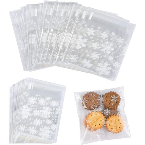 Paquete de 100 bolsas de celofán transparentes resellables en forma de copo de nieve con cierre adhesivo para productos horneados, galletas, dulces y postres, 10 x 10 cm