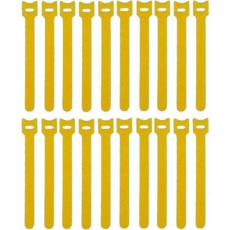 Paquete de 100 bridas reutilizables amarillas con gancho y bucle para la gestión y organización de cables.