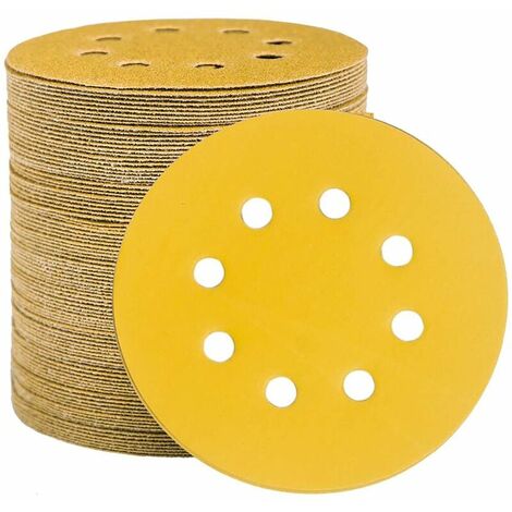 Paquete de 100 discos de lija de 125 mm con velcro, discos de lija de 125 mm, grano P800, 8 agujeros dorados, papel de lija redondo con velcro, lijadora orbital aleatoria para madera mixta, estructura