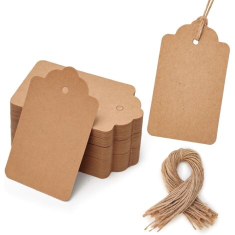 Paquete de 100 etiquetas de regalo de papel kraft en blanco, 4 cm x 7 cm, con 30 metros de hilo de yute, para manualidades y suministros para bodas (marrón)