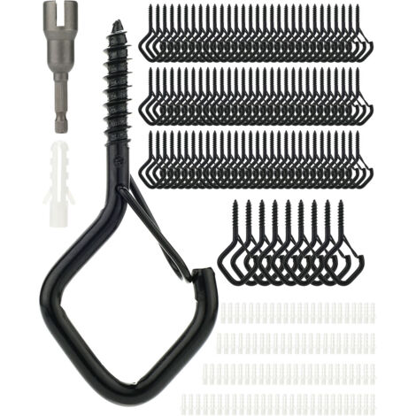 Paquete de 100 ganchos colgantes de seguridad con bucle, ganchos de tornillo resistentes al viento, para guirnaldas de exterior, plantas colgantes, decoraciones navideñas, patio, color negro.