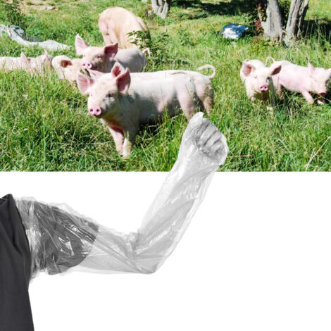 Paquete de 100 guantes desechables de plástico PE blancos con mangas largas para medicina veterinaria: guantes multiusos seguros (86 x 26,5 cm).