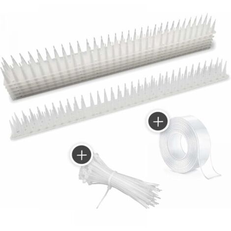Paquete de 12 (blanco) – más de 5 m – repelente de pájaros con pinchos extra altos para balcones, vallas y tejados – con cinta adhesiva impermeable y bridas