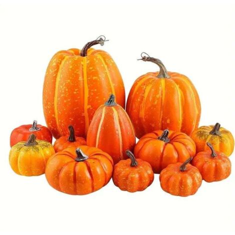 Paquete de 12 calabazas artificiales naranjas grandes en varios tamaños para decoración de mesas, otoño, festividades, Halloween y Acción de Gracias.