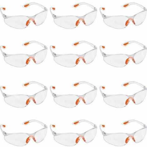 Paquete de 12 gafas de seguridad transparentes - Gafas protectoras con lentes de plástico, puente nasal y puntas de goma para las patillas para mayor comodidad - Gafas PPE transparentes