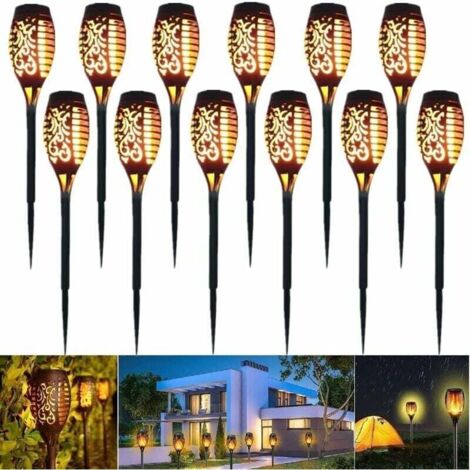 Paquete de 12 luces solares para jardín, iluminación decorativa impermeable para exteriores con llama parpadeante para decoración de jardín, patio y senderos.