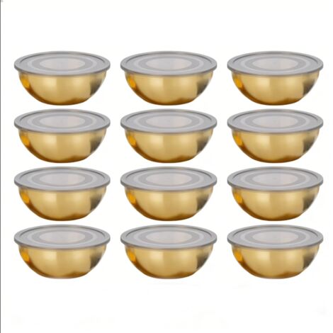 Paquete de 12 tazones de cocina de acero inoxidable dorado de 17 cm con tapa hermética para ensaladas de frutas, sopas y para la cocina.