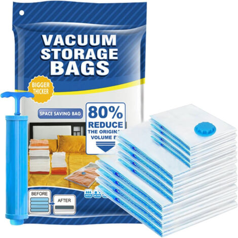 Paquete de 17 bolsas de vacío (6M, 6L, 4XL) – Compresión reutilizable, bomba manual incluida, ahorran espacio.