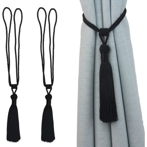 Paquete de 2 alzapaños de cortina hechos a mano con borlas para decoración del hogar y la oficina (negro, 2)