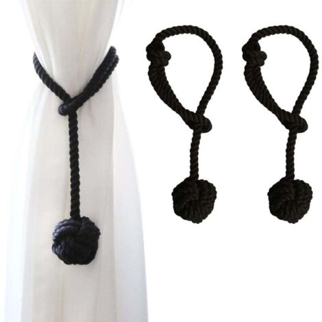 Paquete de 2 alzapaños para cortinas de exterior con bola grande de algodón tejida a mano (negro, 2 unidades)