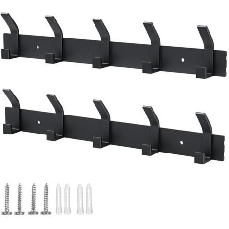 Paquete de 2 Barras de Perchas con 5 Ganchos, Ganchos de Pared de Aluminio Negro, Perchero de Pared para Dormitorio, Baño, Cocina y Recibidor