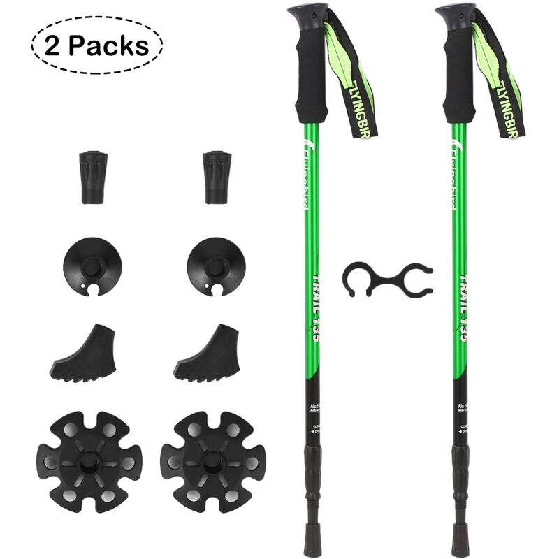 

Paquete de 2 bastones de trekking ajustables, bastones de senderismo de aluminio telescopicos, bastones para caminar, puntas de tungsteno, agarres