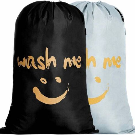 Paquete de 2 bolsas de lavandería grandes, bolsas de lavandería plegables, bolsas de almacenamiento con cuerda, bolsas livianas con cara sonriente dorada para ropa sucia, 120 L, en la habitación del d