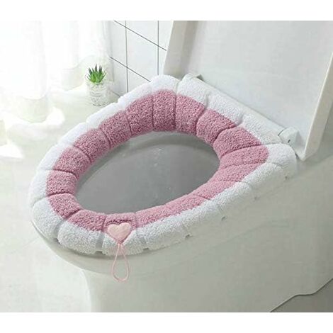 Paquete de 2 cojines universales impermeables para asiento de inodoro con lazo para colgar, suaves y cálidos, lavables (rosa y blanco)