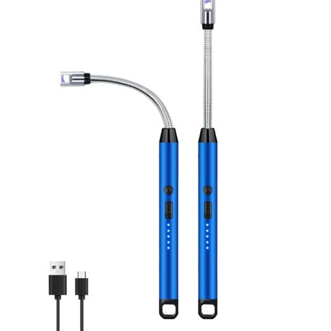 Paquete de 2 encendedores eléctricos sin llama, resistentes al viento, con cuello flexible de 360° y pantalla LED para fogatas y barbacoas, color azul.