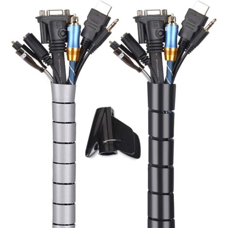 Paquete de 2 fundas para cables, gestión flexible de cables, 2 x 3 m, organizador de cables de polietileno para almacenar u ocultar cables, funda para gestión de cables (2,2 cm y 1,6 cm), color negro 