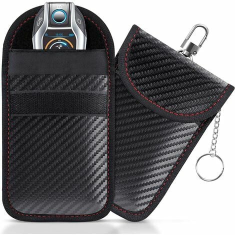 Paquete de 2 fundas para llave de coche con bloqueo de señal RFID, funda protectora anti-RFID para llave remota con anillo, llavero de fibra de carbono integrado