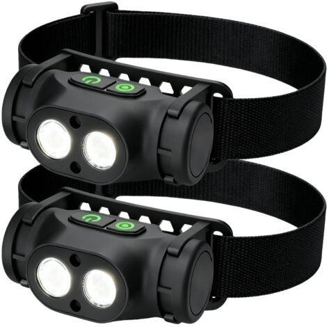 Paquete de 2 linternas frontales LED recargables - Linterna frontal recargable - Ajustable a 90° - Sensor inteligente - 4 modos magnéticos - IP66 tipo C - Para acampar, pescar, reparaciones, emergenci