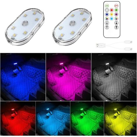 Paquete de 2 luces LED para interior de coche con control remoto, 7 colores de iluminación ambiental para el interior del coche, iluminación interior del coche, iluminación portátil para coche