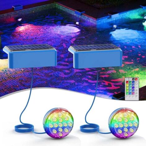 Paquete de 2 luces LED solares para piscina con control remoto, IP68 a prueba de agua [Multicolor y blanco cálido] para piscinas, spas, acuarios, jardines, fuentes y fiestas.