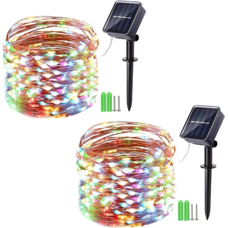 Paquete de 2 luces solares para exteriores, 10 m, 100 LED, luces navideñas solares en alambre de cobre con 8 modos, para decoración de exteriores, jardín, árboles, etc. (multicolor)