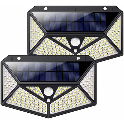 Paquete de 2 luces solares para exteriores de 100 LED, kilponen【Versión innovadora】Luces para exteriores con energía solar de 180° con sensor de movimiento Potente luz solar inalámbrica impermeable de