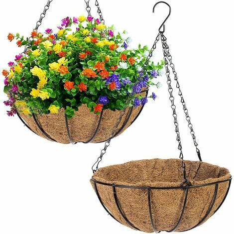 Paquete de 2 macetas colgantes de fibra de coco de metal de 12 pulgadas con cadena para decoración de porche, macetas, perchas, decoración de jardín, interior y exterior DOPA