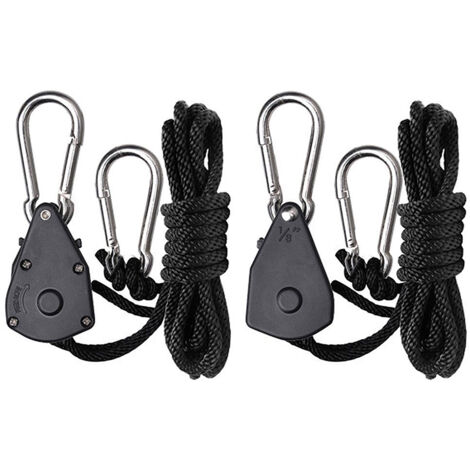 Paquete de 2 mosquetones de amarre ajustables de alta resistencia con trinquete de 1/8 de pulgada, gancho y clip para colgar, capacidad de 150 lb, para luces de cultivo y correas de equipaje.