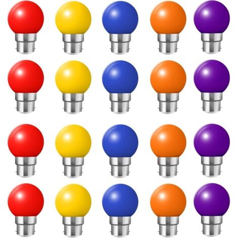 Paquete de 20 bombillas LED B22 de 2 W, bombillas de bajo consumo de colores: rojo, amarillo, azul, verde y morado [Clase energética B]